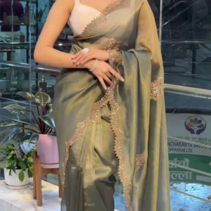Royal Olive Green Satin Saree with Zarkhan Work – Shakuntala Saree