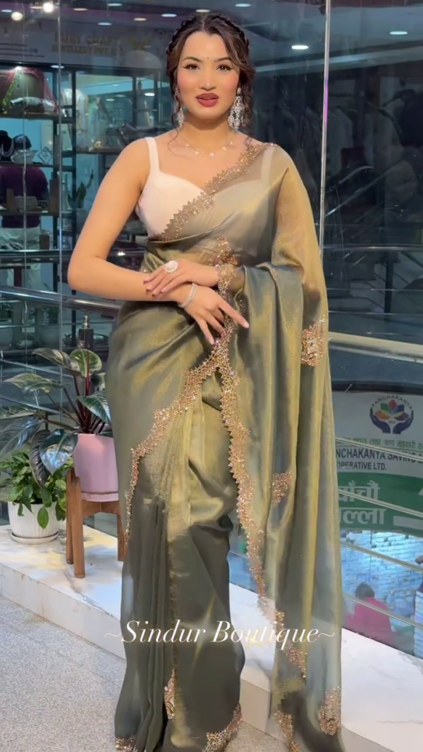 Royal Olive Green Satin Saree with Zarkhan Work – Shakuntala Saree