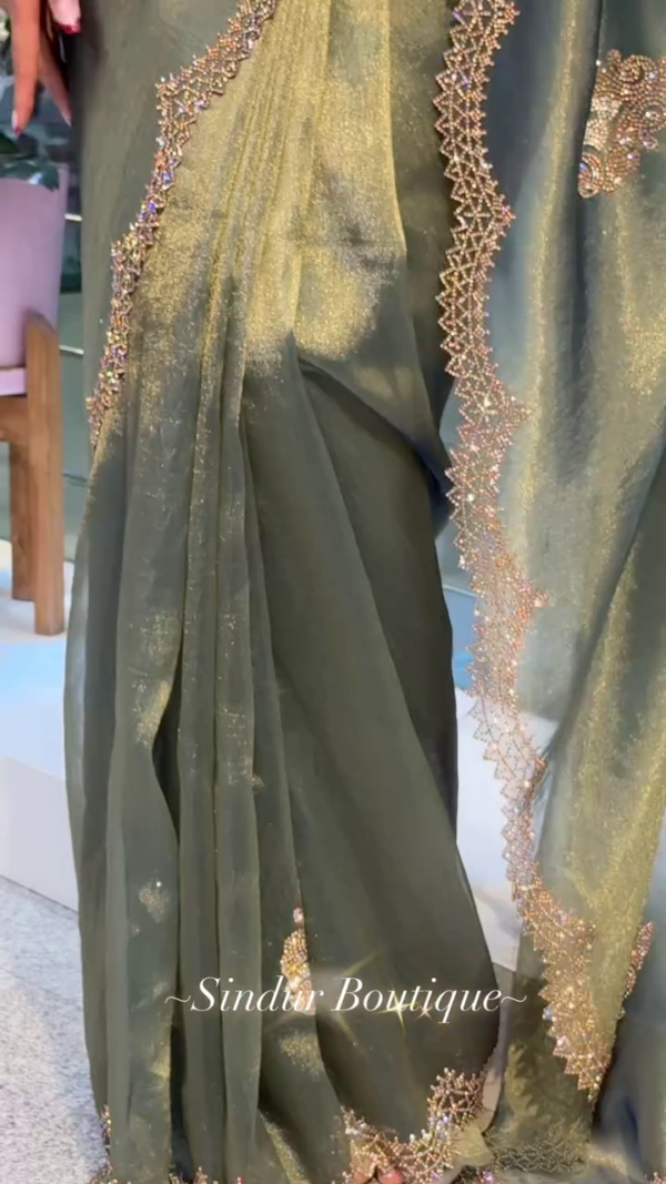Royal Olive Green Satin Saree with Zarkhan Work – Shakuntala Saree - Image 7