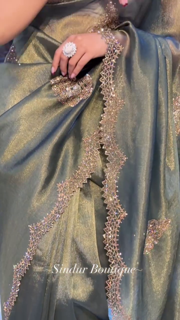 Royal Olive Green Satin Saree with Zarkhan Work – Shakuntala Saree - Image 2