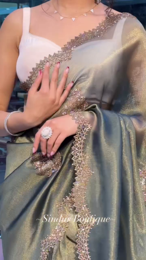 Royal Olive Green Satin Saree with Zarkhan Work – Shakuntala Saree - Image 3